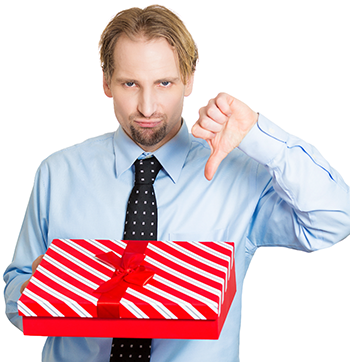 man thumbs down with gift box